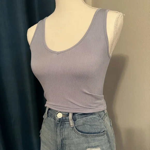 Purple Stretchy Ribbed Crew Neck Crop Top Tank Sleeveless Size S/M - Picture 6 of 6